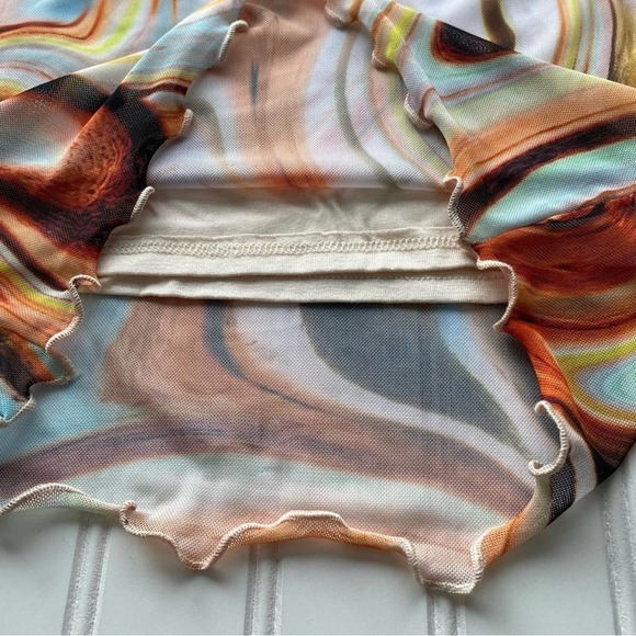 BLACKBEAD Abstract Marble Micro Mini Skirt Orange Brown Small Deep Wave Ruffle - Picture 4 of 6